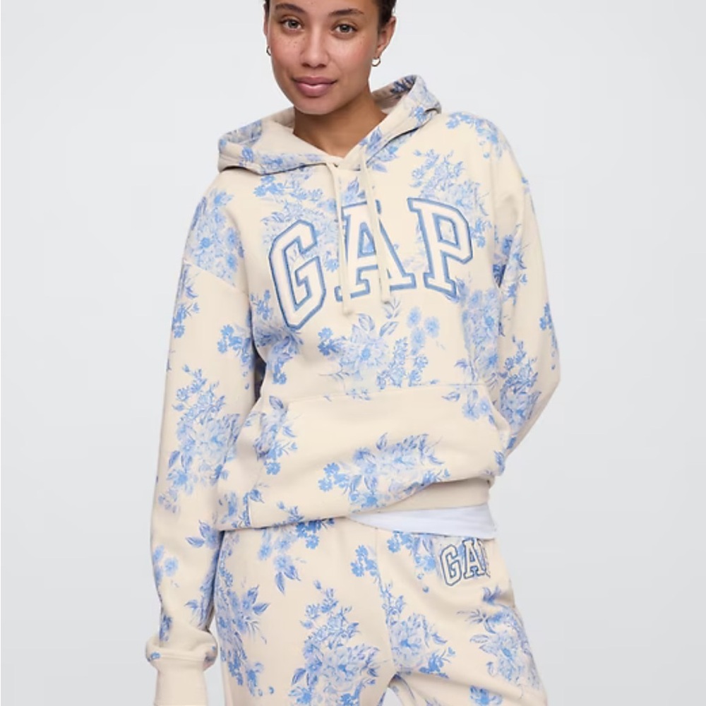 GAP Cream and Blue Floral Logo hoodie
